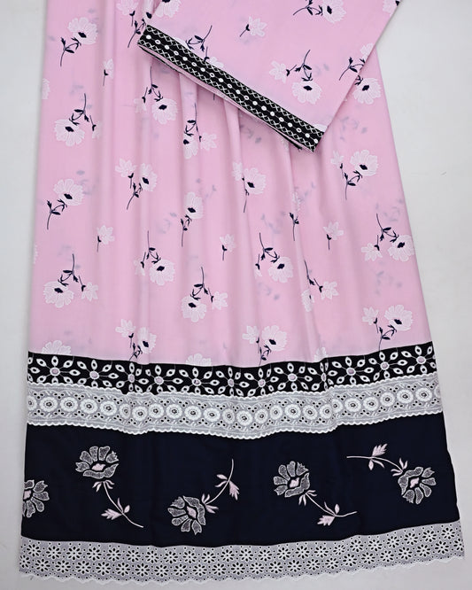 Baby Pink Floral Print Rida With Black & White Panel Lace & Floral Embroidery Work