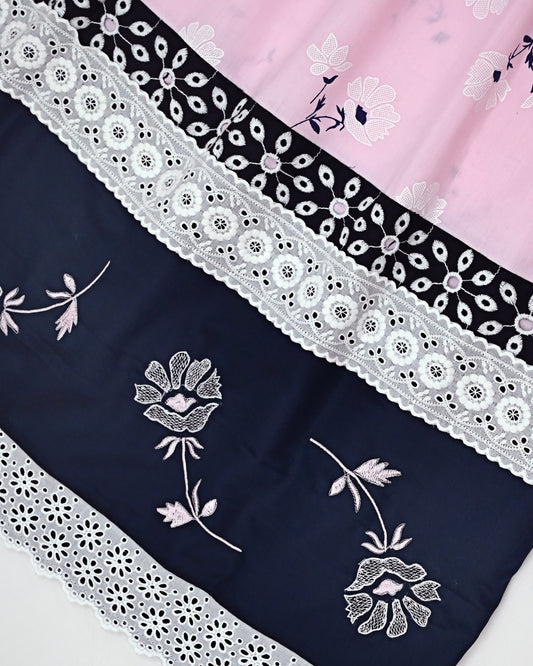 Baby Pink Floral Print Rida With Black & White Panel Lace & Floral Embroidery Work