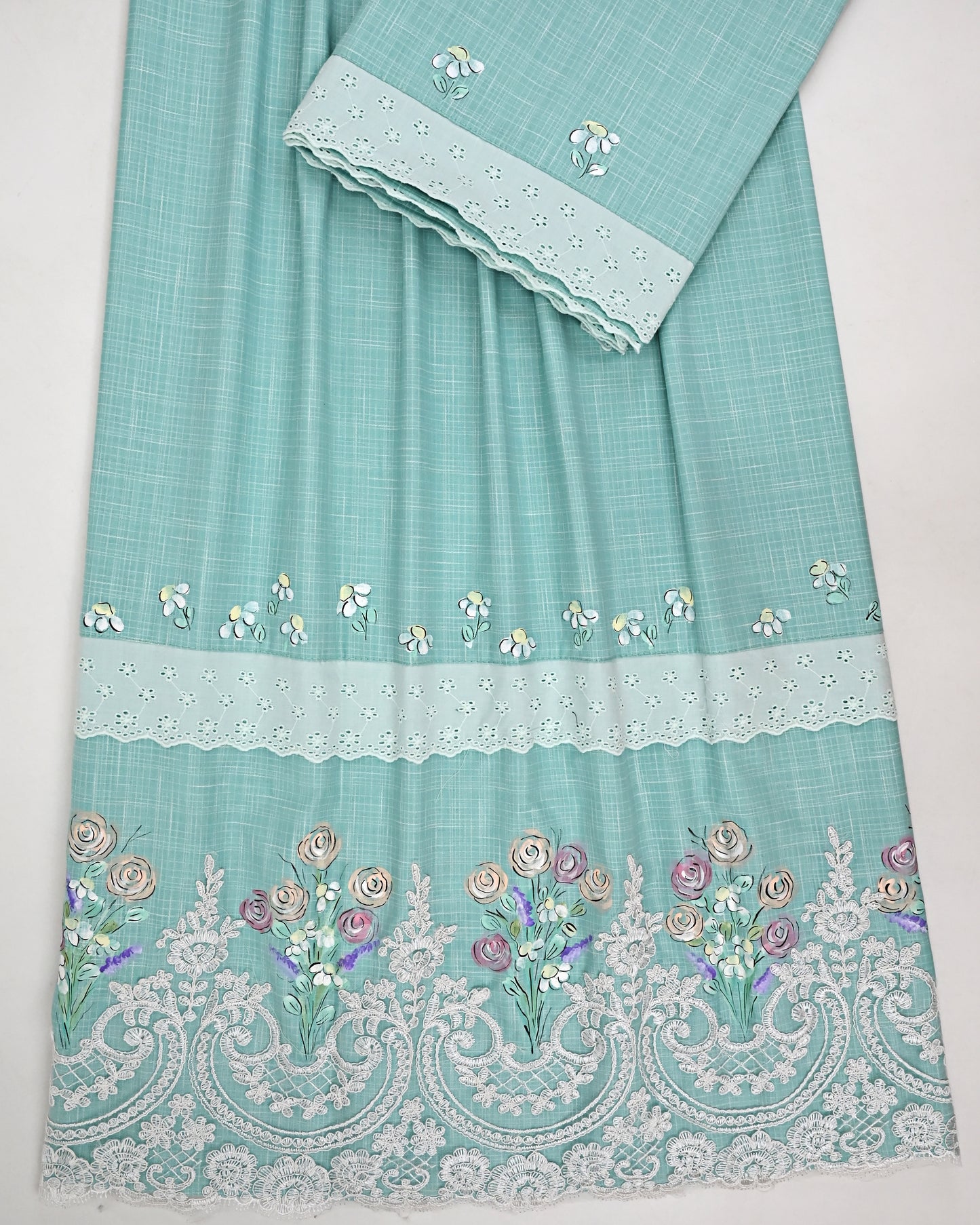 Sea Green Rida With Smart Imported Lacing & Floral Hand Painting