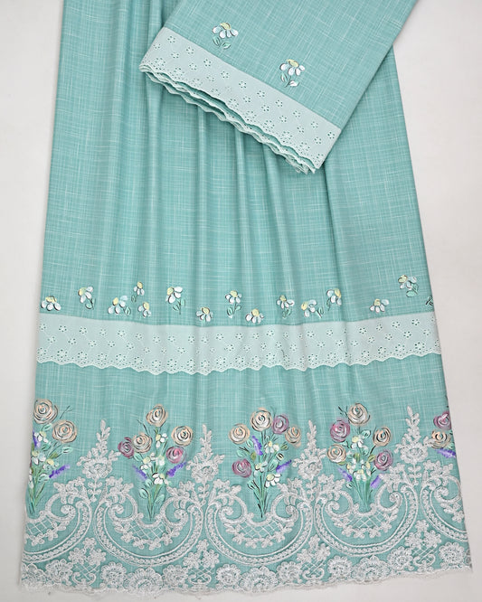 Sea Green Rida With Smart Imported Lacing & Floral Hand Painting