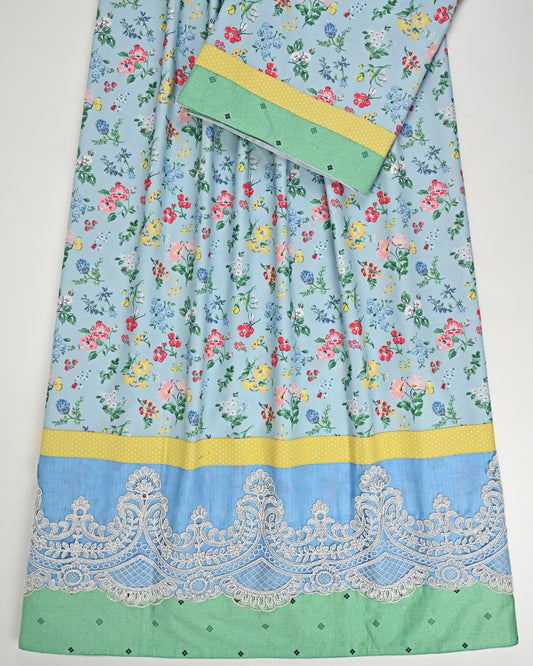 Sky Blue Floral Printed Rida With Smart Panel & Heavy Look Lace