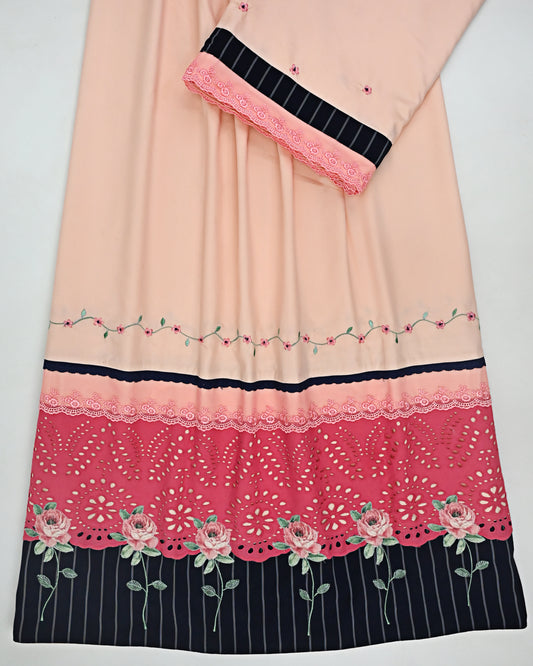 Salmon Rida With Dark Panel Smart Lace & Applique Flowers Embroidery Border
