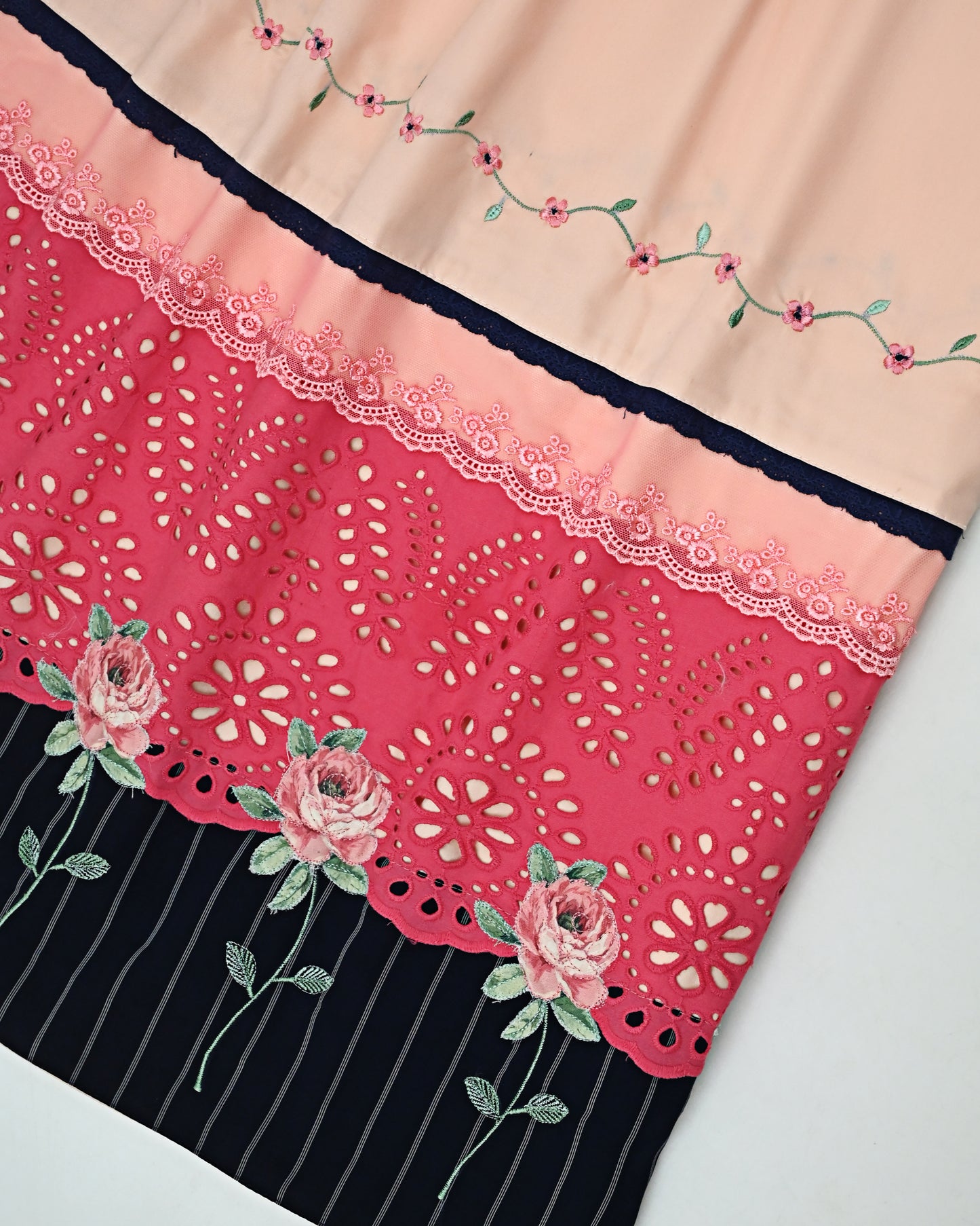 Salmon Rida With Dark Panel Smart Lace & Applique Flowers Embroidery Border