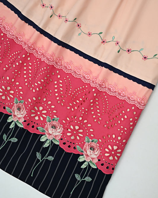 Salmon Rida With Dark Panel Smart Lace & Applique Flowers Embroidery Border