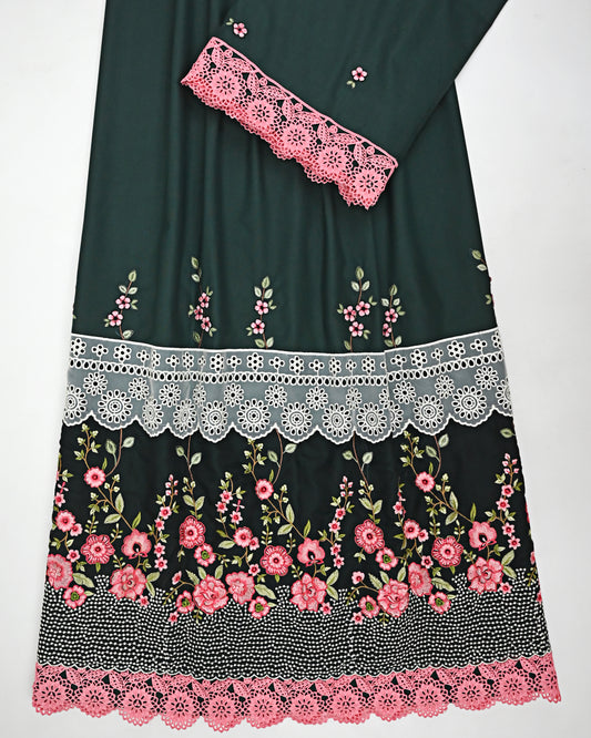 Dark Green Rida With Smart Floral Lacing & Smart Floral Embroidery Work
