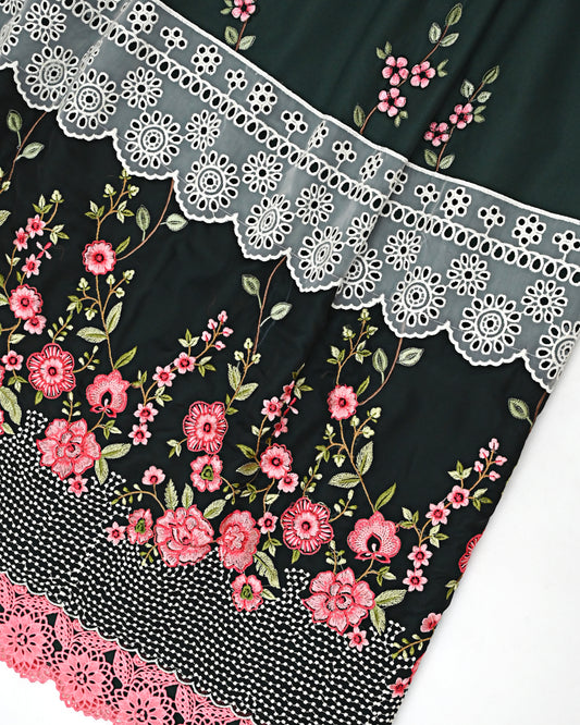 Dark Green Rida With Smart Floral Lacing & Smart Floral Embroidery Work