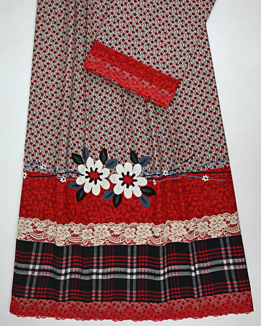 Dark Color Floral Batik Rida With Checks Panel Red Lacing & Floral Applique Work