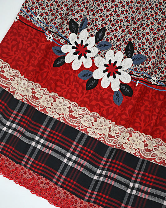 Dark Color Floral Batik Rida With Checks Panel Red Lacing & Floral Applique Work