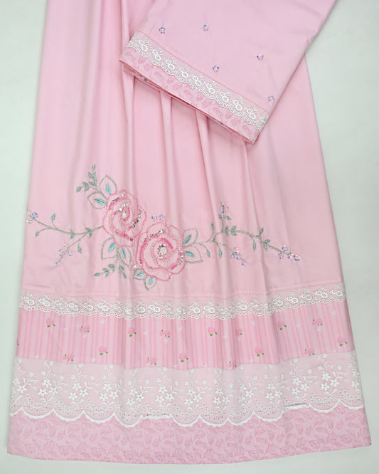 Baby Pink Rida With Smart Lace Floral Print Panel & Floral Aari Work Bunch
