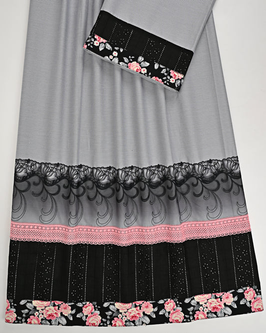 Grey Rida With Black & Pink Lacing & Floral Patta