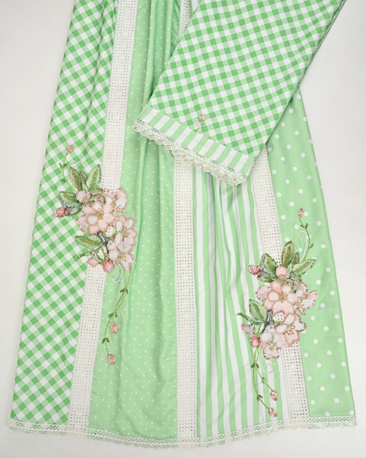 Green Different Pattern Rida With Smart Lace & Floral Work