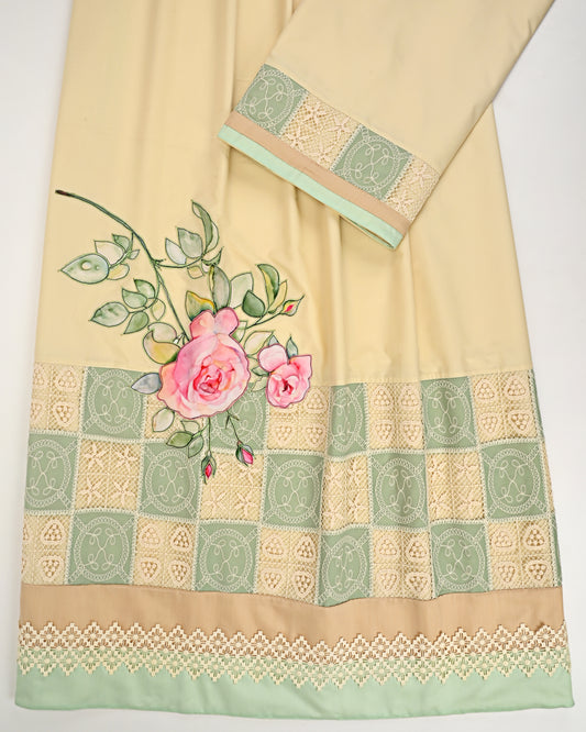 Mango Yellow Rida With Fancy Panel Smart Lace & Rose Painting Work