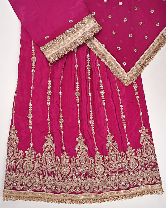 Hot Pink RCJ With Smart Standing Floral Golden Heavy Look Work/Dupatta With All Over