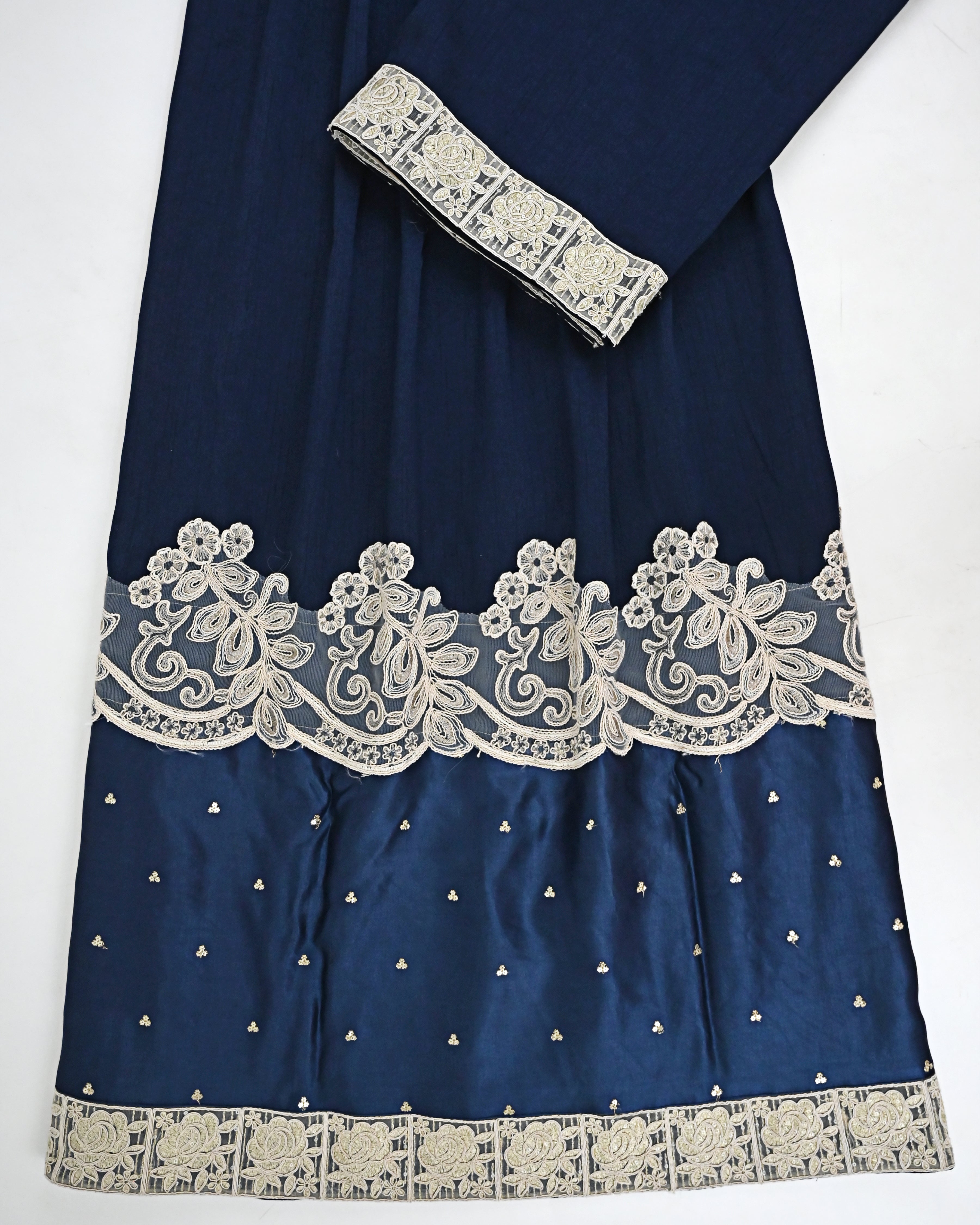 Dark Navy Blue Rida With Heavy Lace Smart Dark Panel Floral Golden Booties & Smart Floral Lace