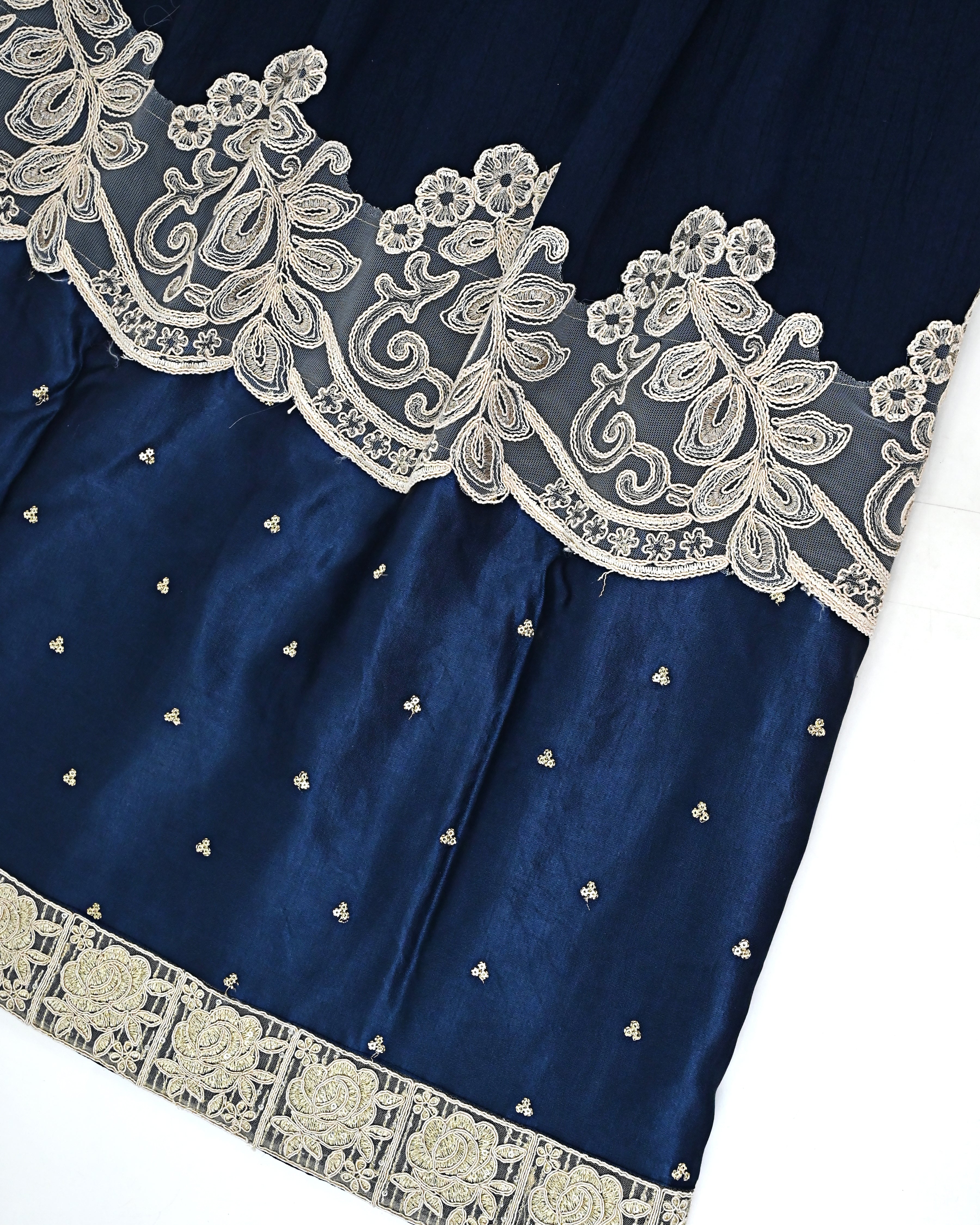 Dark Navy Blue Rida With Heavy Lace Smart Dark Panel Floral Golden Booties & Smart Floral Lace