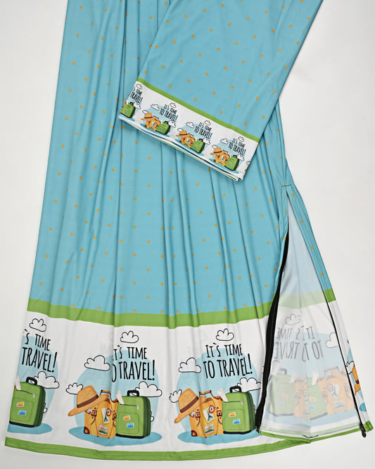 Aqua Blue Dots Swim Wear With Its Time To Travel & Lugguage Panel