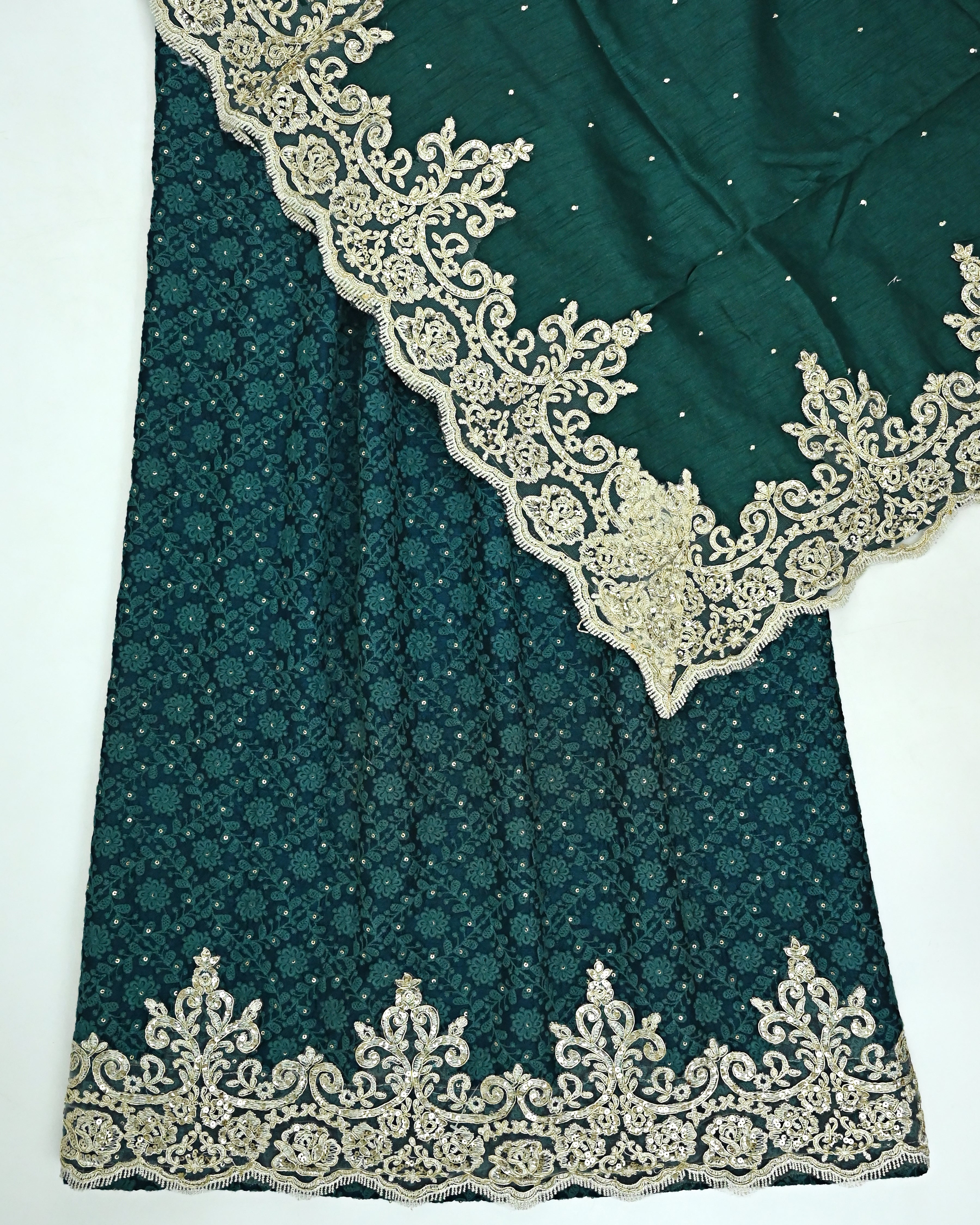 Peacock Blue Green Semi Bridal Jodi With Heavy Golden Lacing & Dupatta With Lace On Border