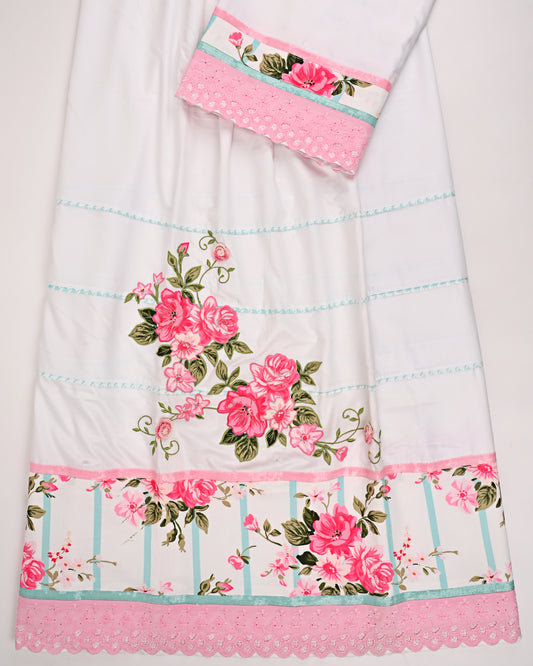 White Rida With Floral Panel Pipin & Floral Applique Work