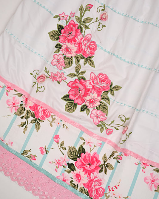 White Rida With Floral Panel Pipin & Floral Applique Work