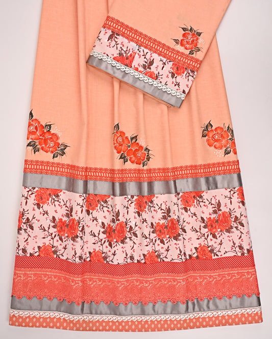 Peach Rida With Smart Floral Panel Laces & Painting Work