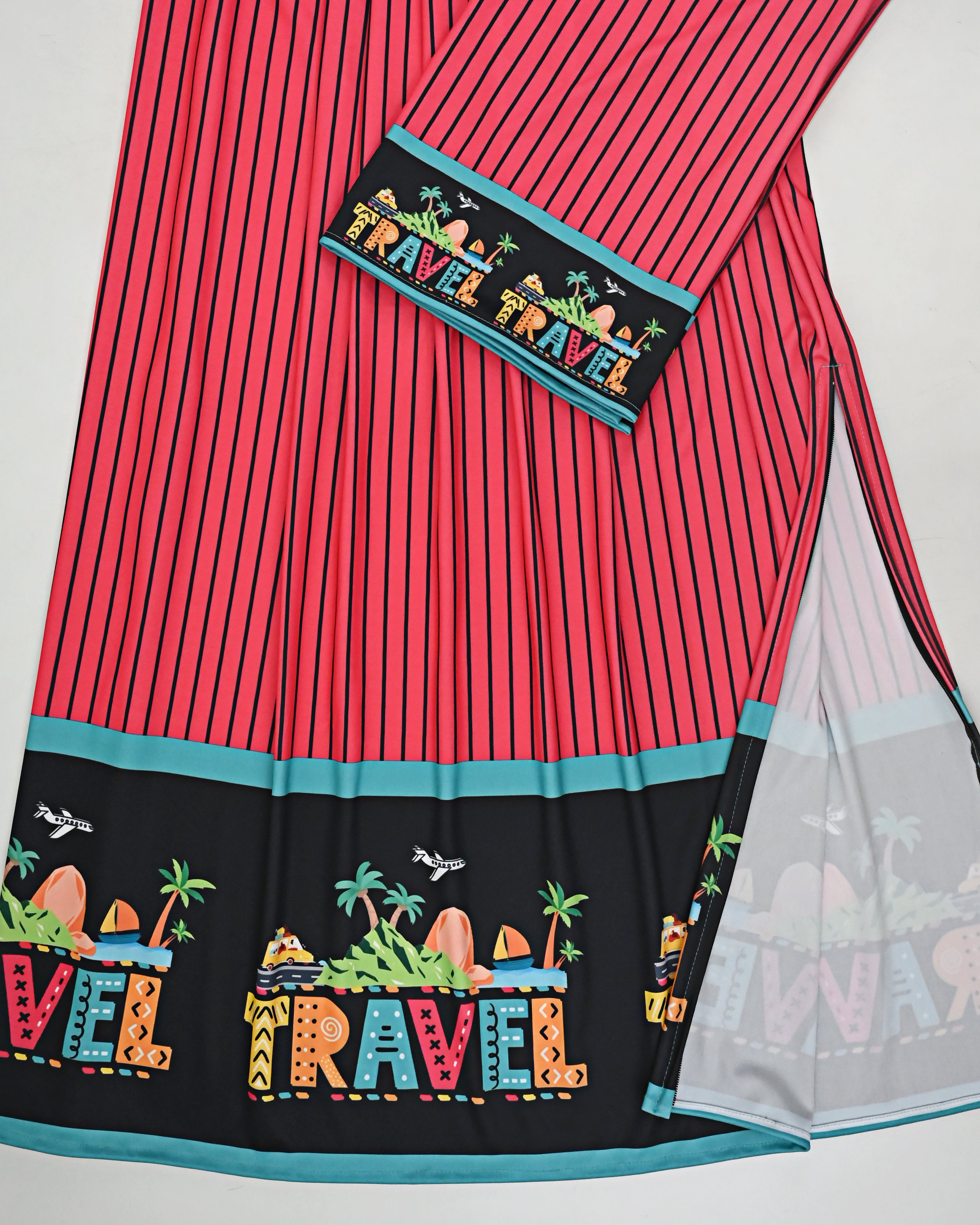 Dark Orange Black Stripes Swim Wear With Travel Printed Objects On Black Base-