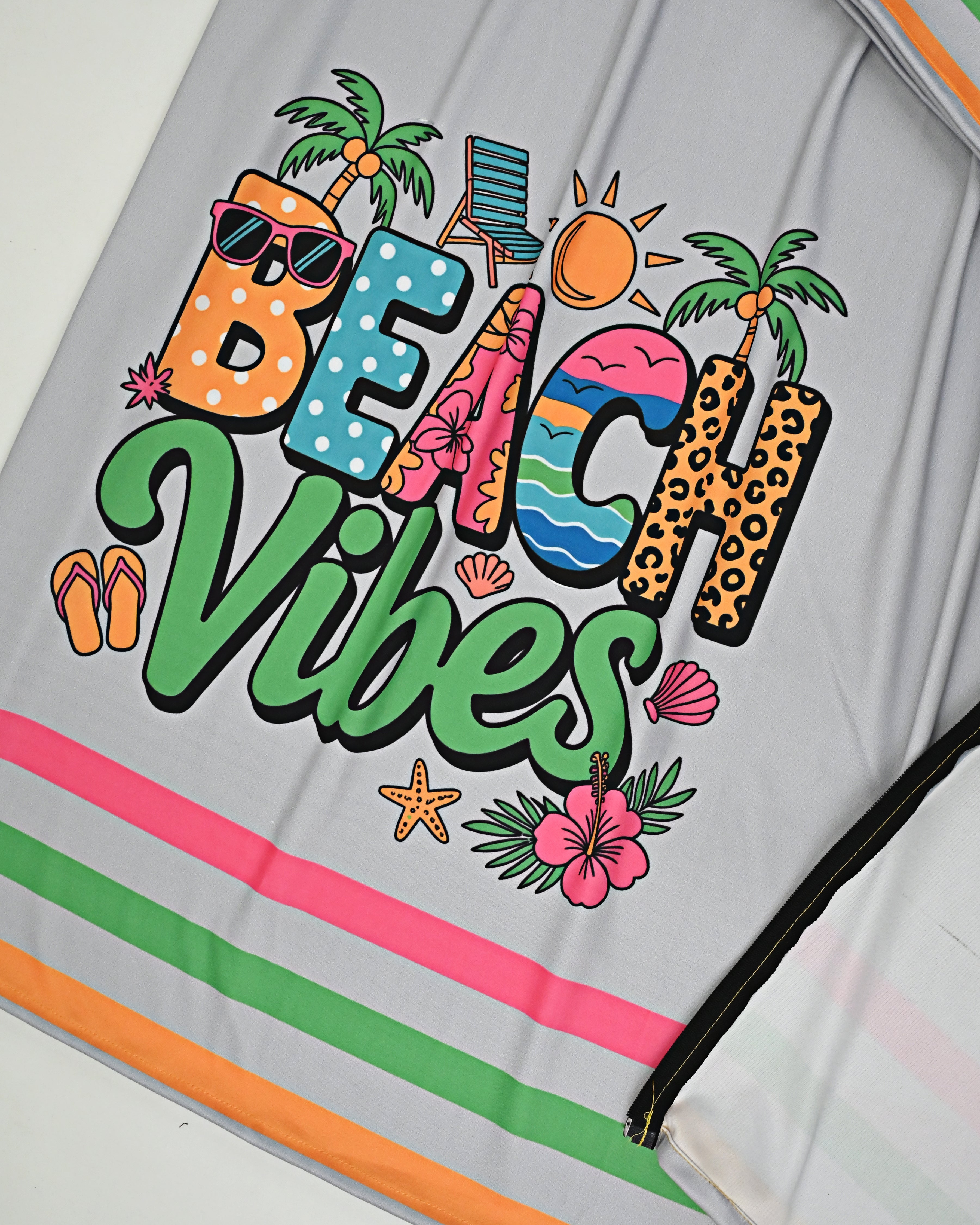 Light Grey Swim Wear Rida With Beach Vibes & Beach Objects Printed-