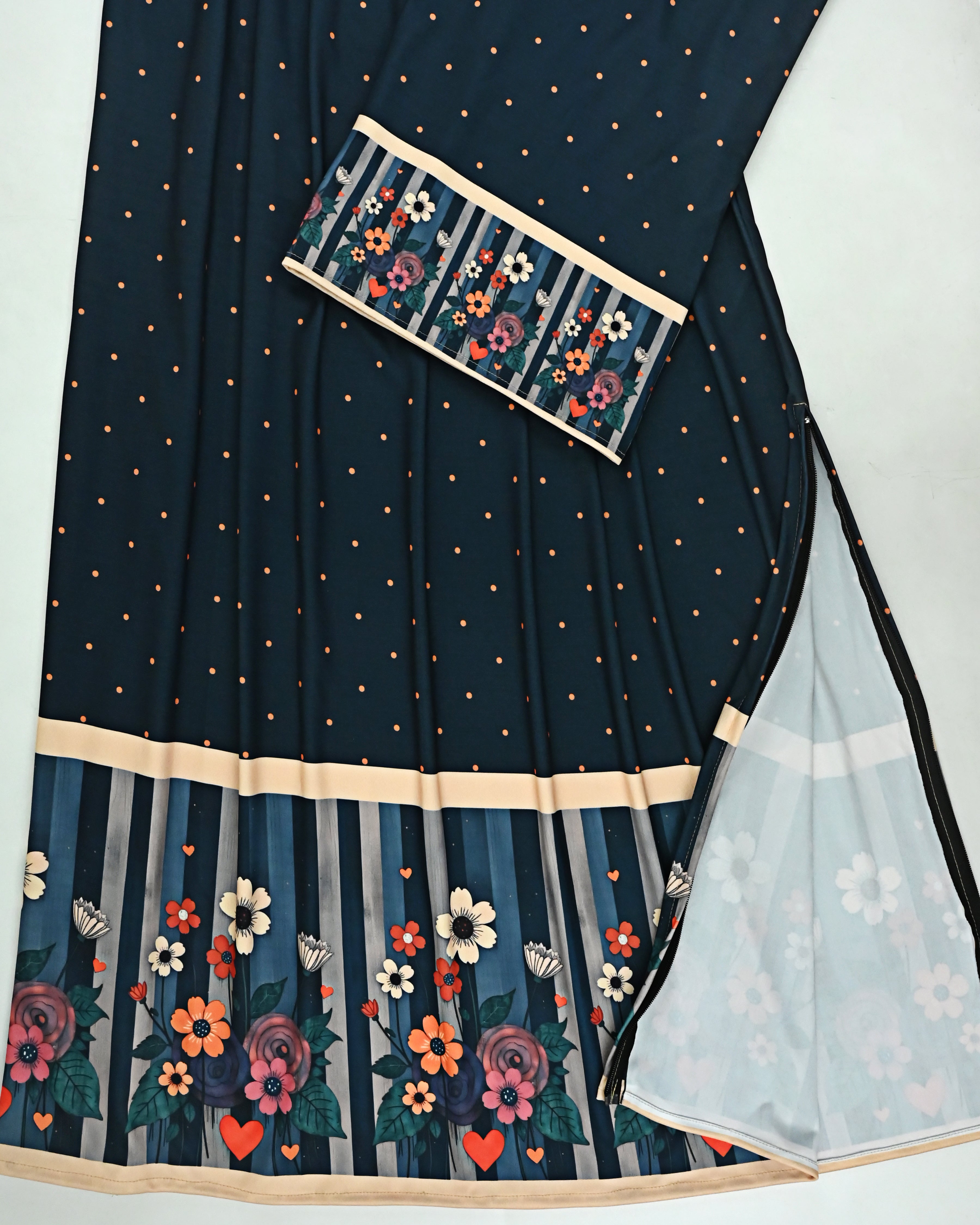 Deep Navy Blue Orange Dots Swim Wear Rida With Smart Floral & Stripes Panel-