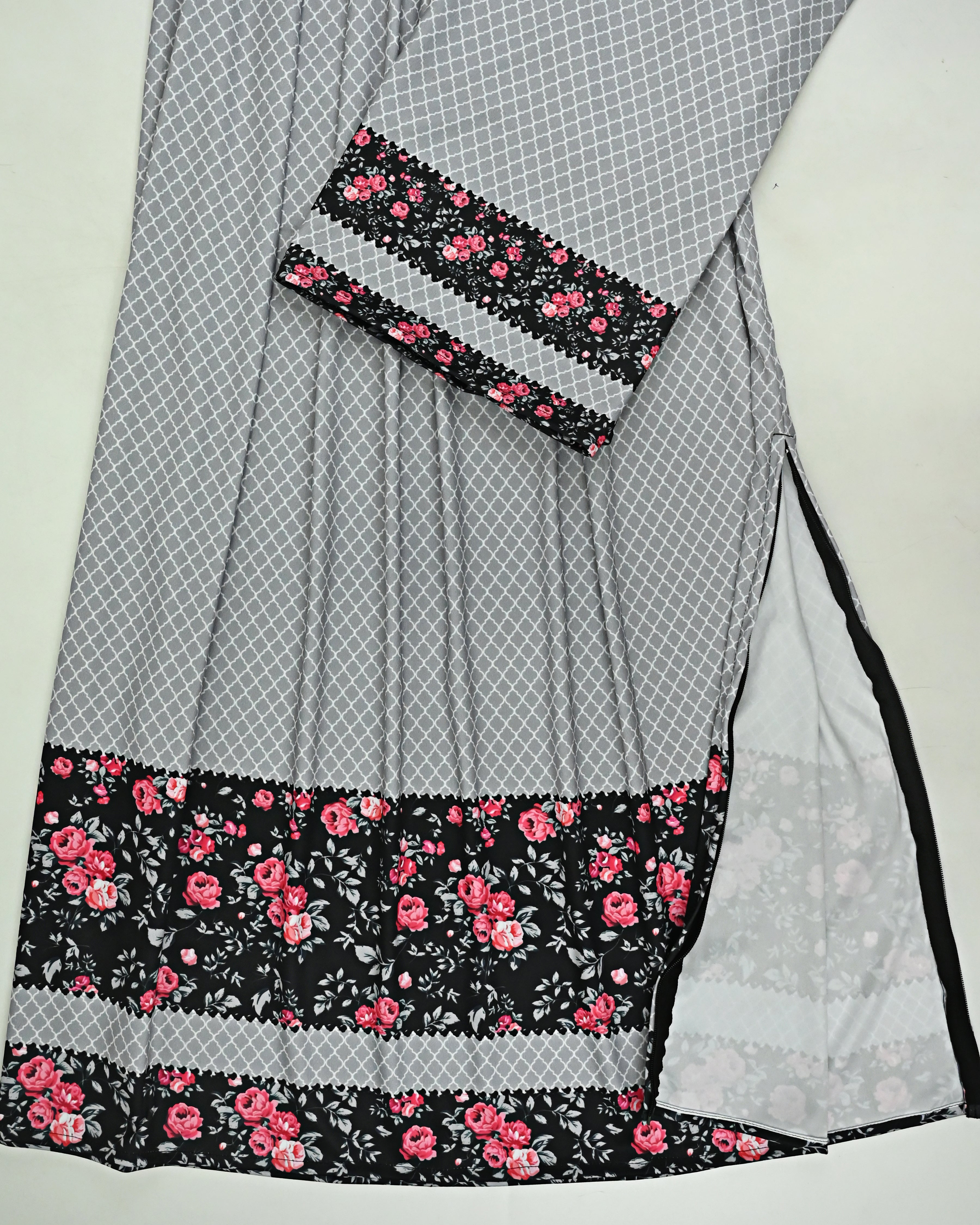 Light Grey Honey Comb Print Swim Wear Rida With Smart Floral Panel