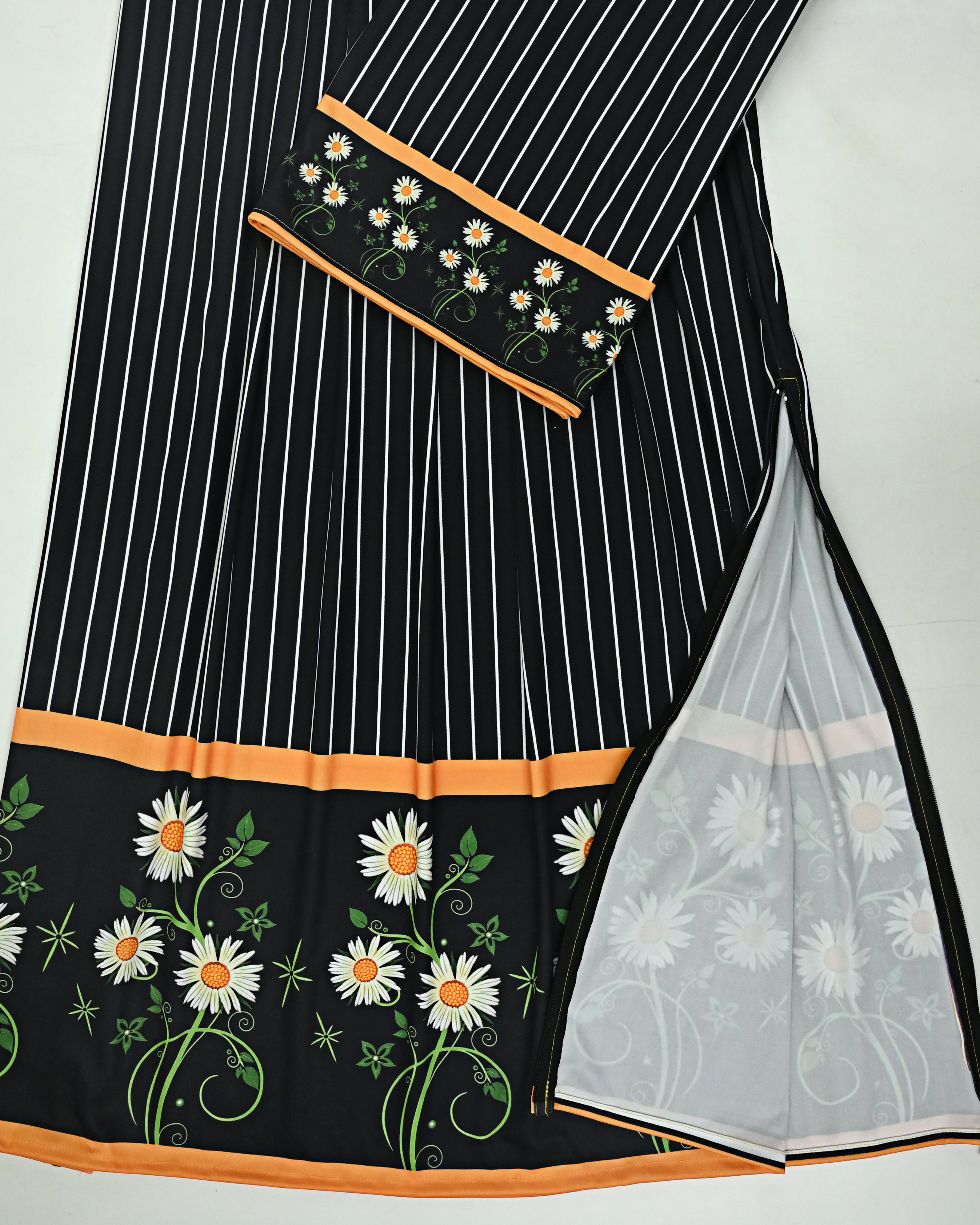 Black Base White Lining With Floral Panel Printed-
