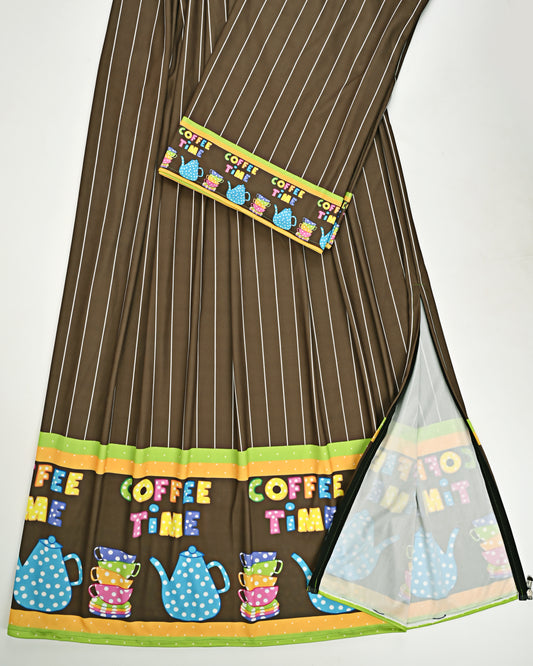 Mehndi Green Stripes Swim Wear With Coffee Time Panel