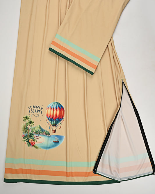 Beige Swim Wear With MultiStripes & Beautiful View Print