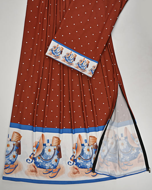 Dark Orange White Dots Swim Wear With Travelling Bag Print Panel