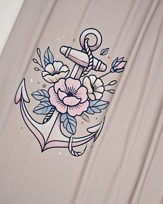 Beige Swim Wear With Anchor & Flower Print