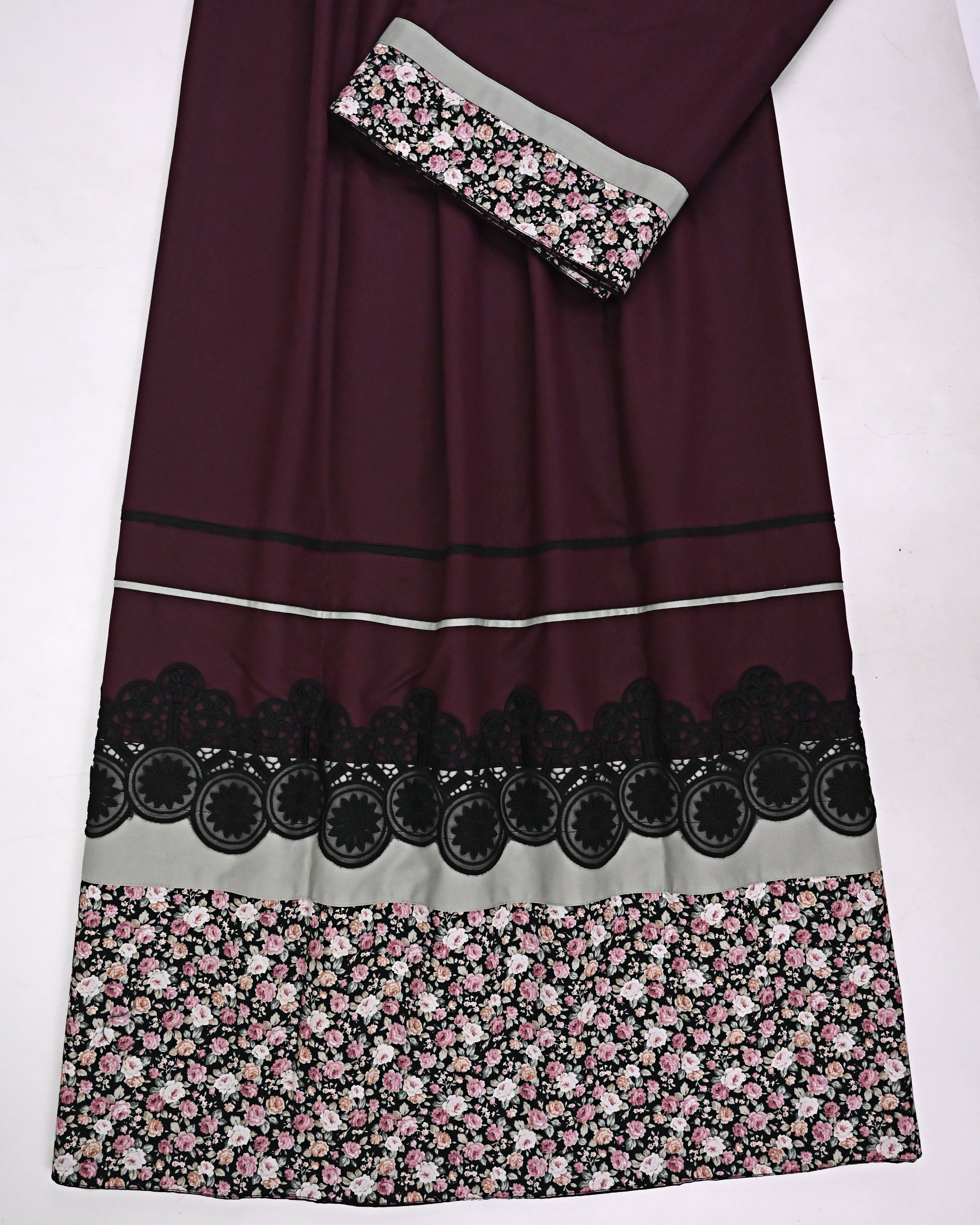 Burgundy Rida With Smart Mini Floral Print Panel & Smart Black Lace