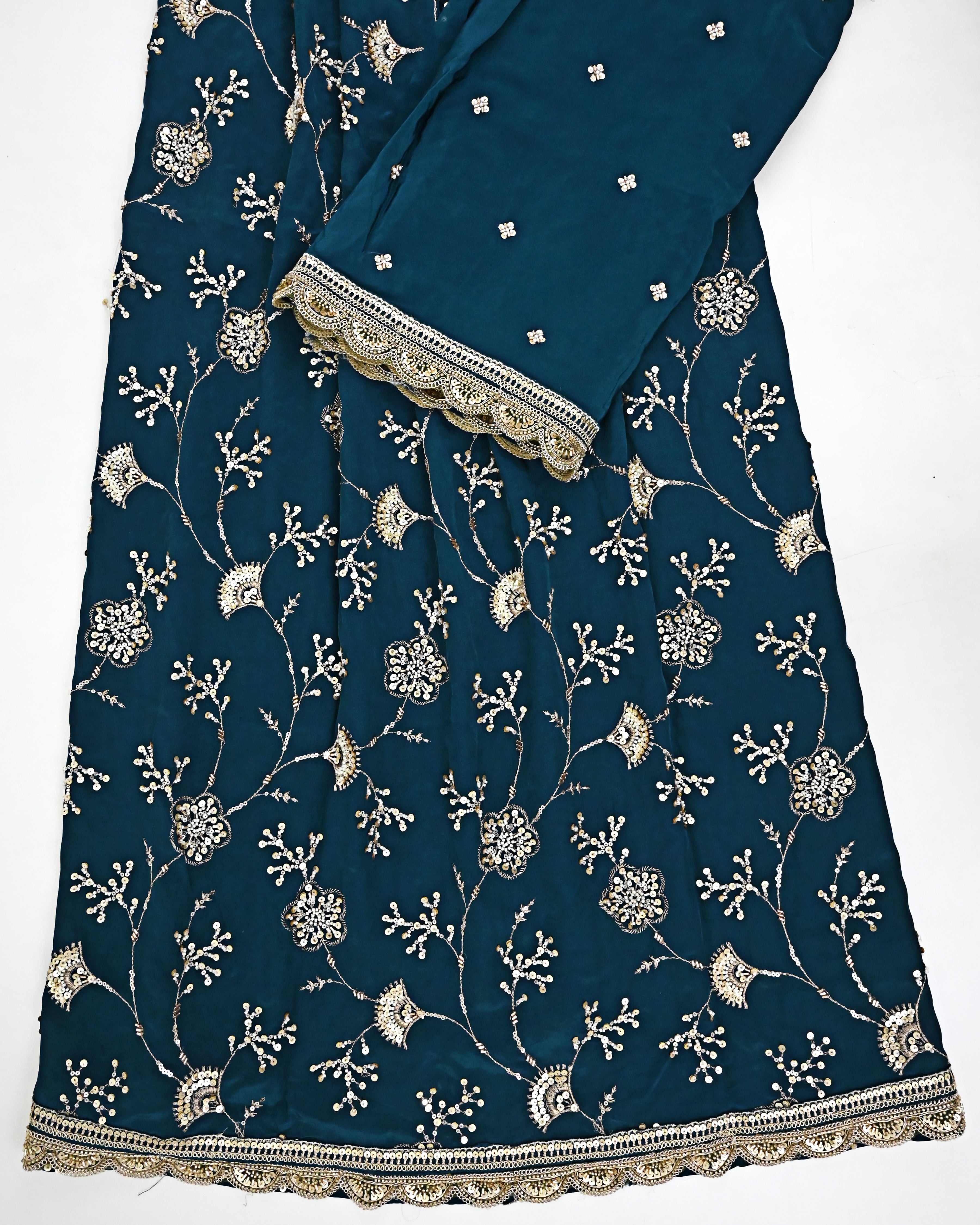 Peacock Blue Rida With Full Floral Golden Work & Lacing
