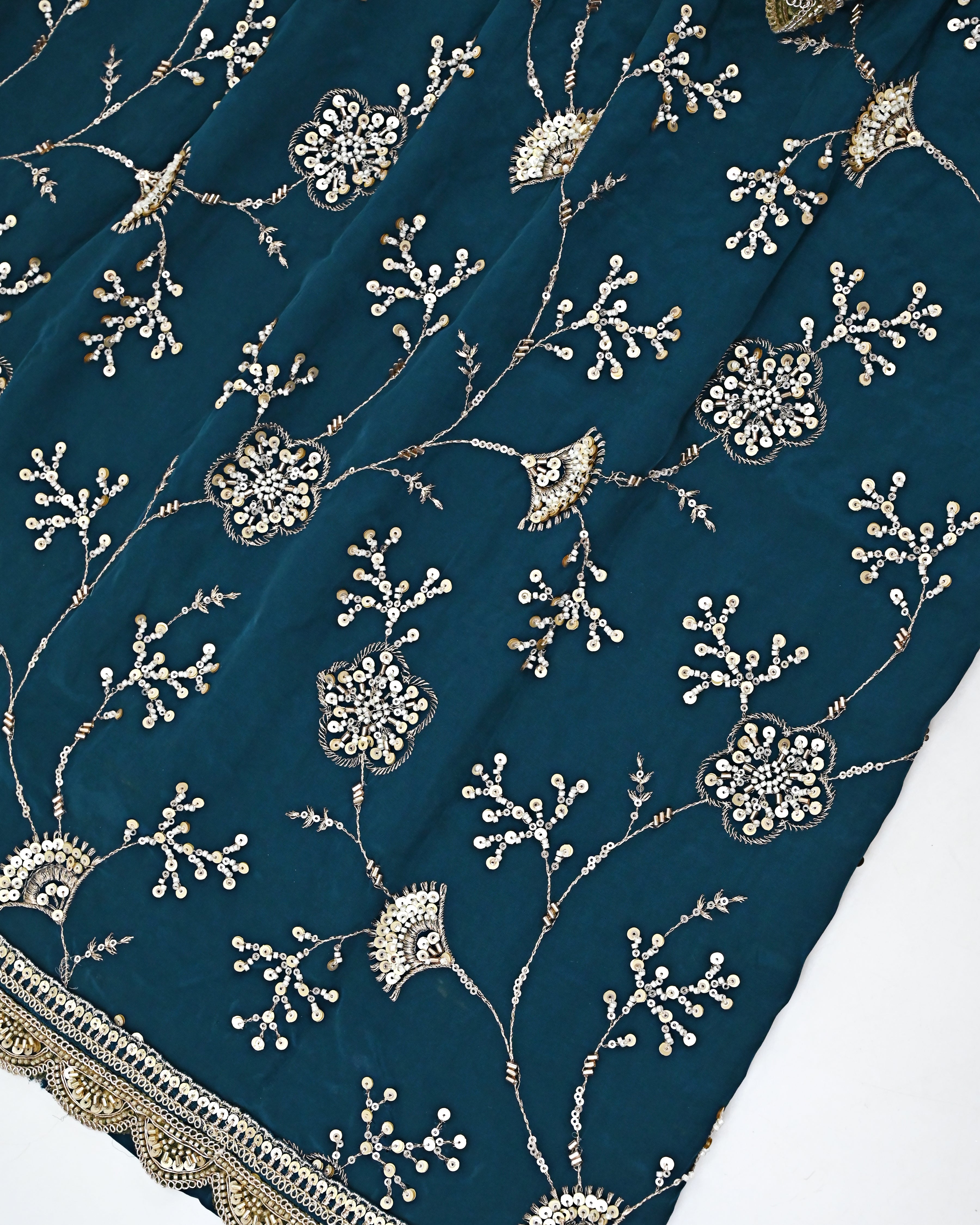 Peacock Blue Rida With Full Floral Golden Work & Lacing
