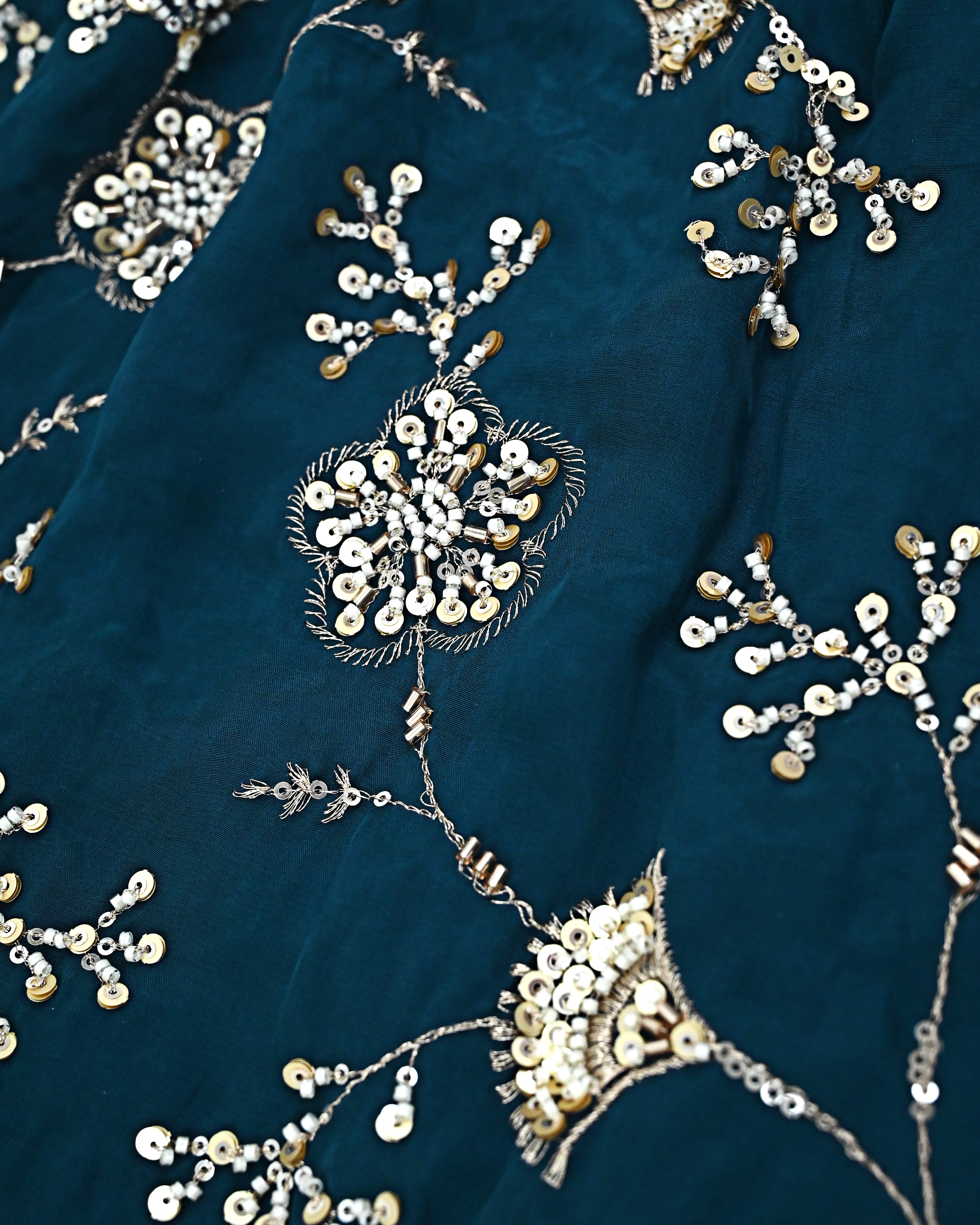 Peacock Blue Rida With Full Floral Golden Work & Lacing