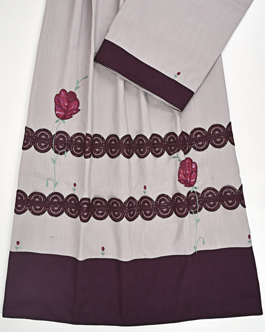 Light Grey Rida With Dark Plum Panel Lace & Dark Floral Aari Work