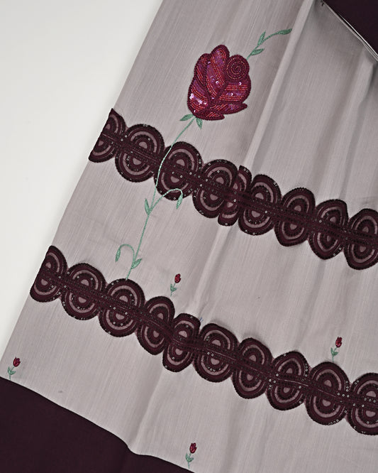 Light Grey Rida With Dark Plum Panel Lace & Dark Floral Aari Work