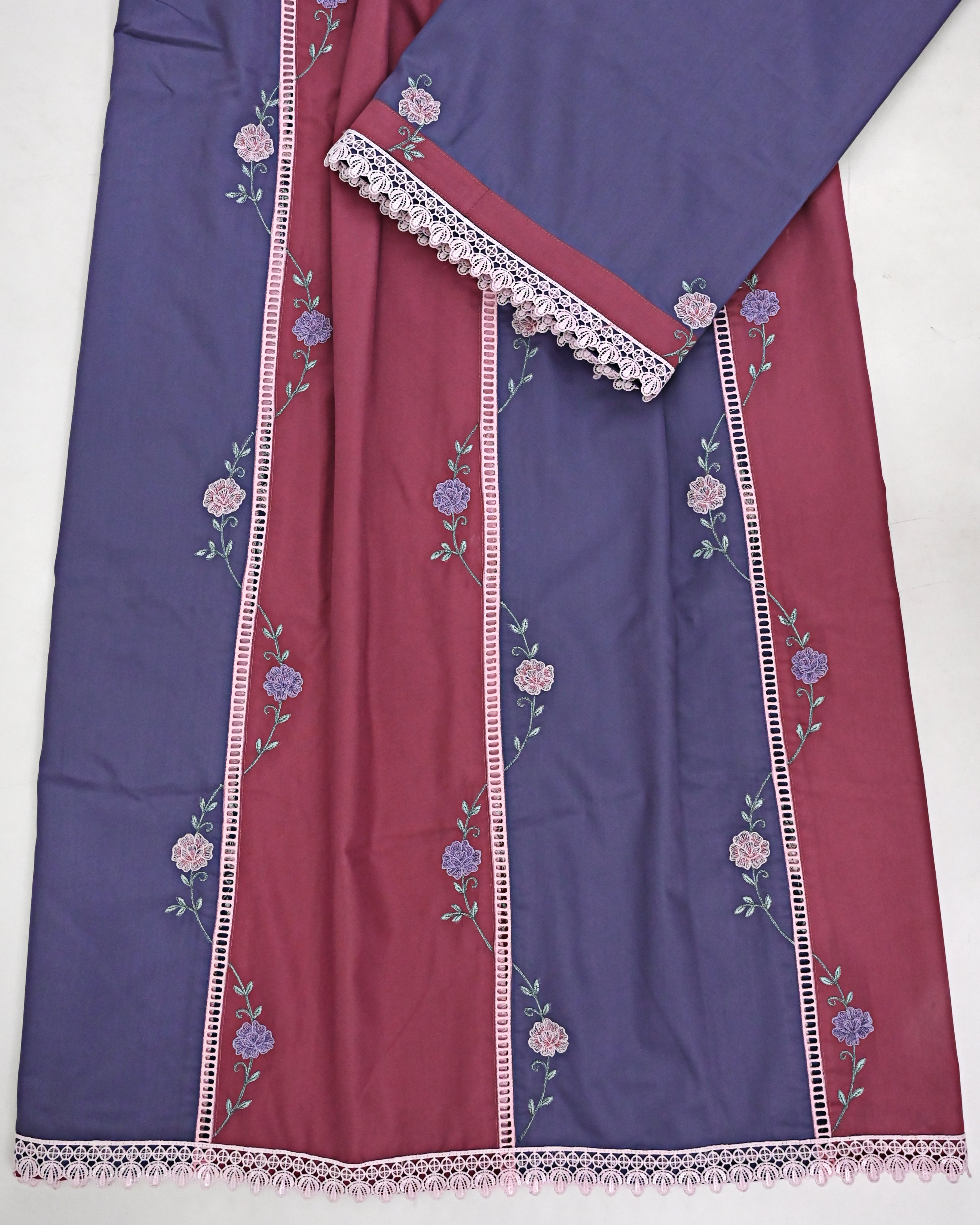 Slate Blue Dark Plum Pattern Rida With Smart Lace & Floral Embroidery Work