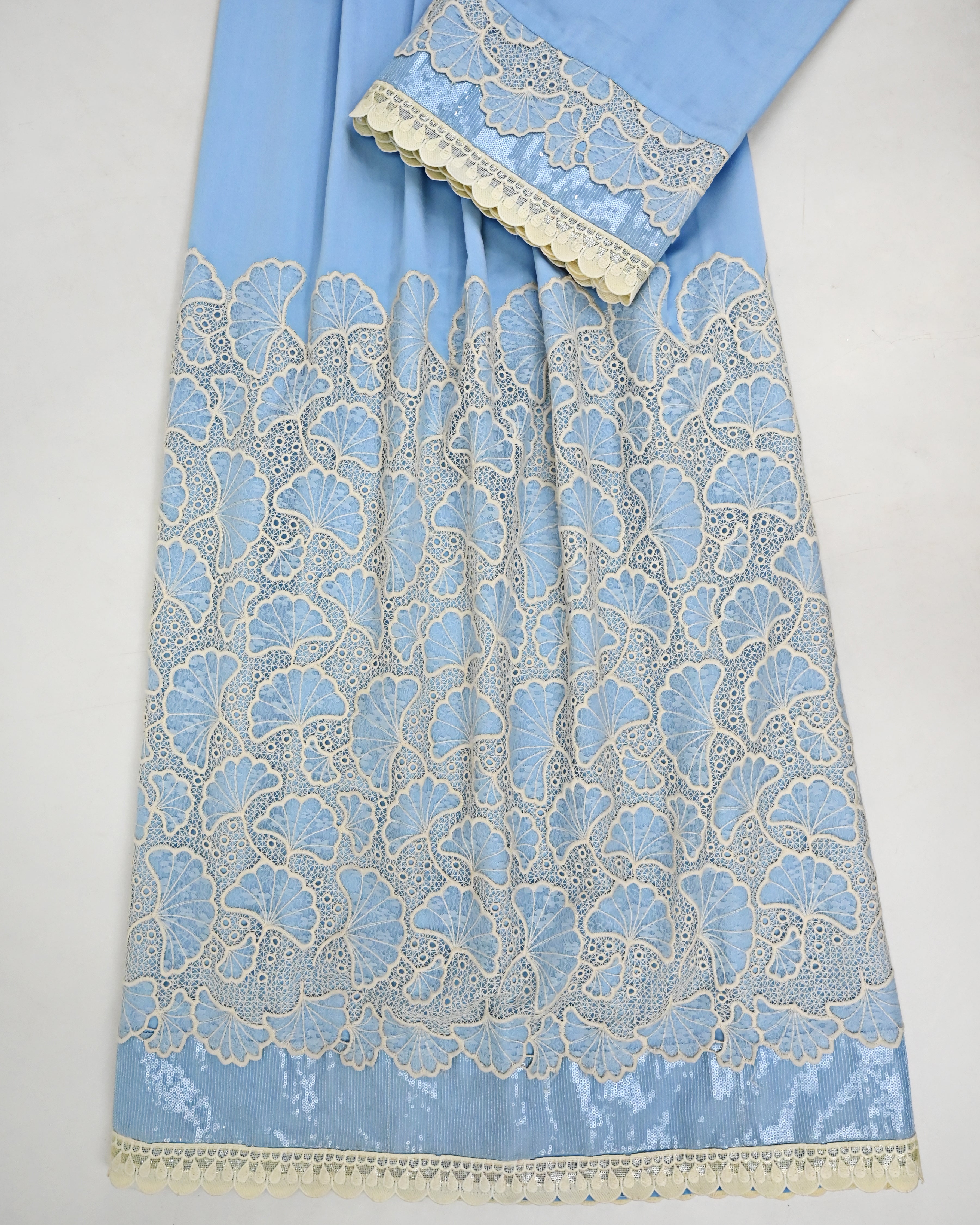 Powder Blue Rida With Full Floral Lace Peice & Smart Sequence Lace