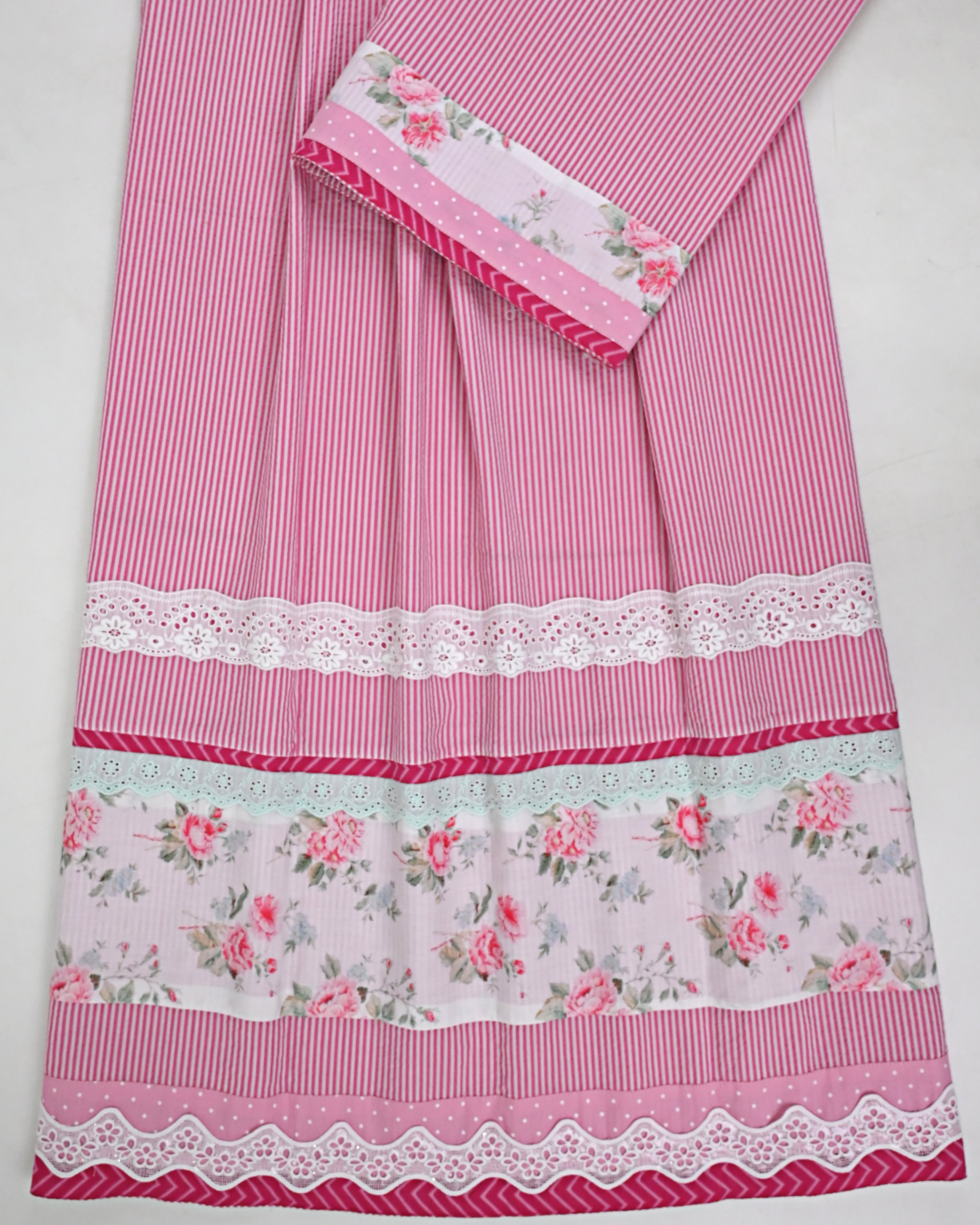 Candy Pink White Stripes Popcorn Rida With Floral Rose Panel & Smart Lace