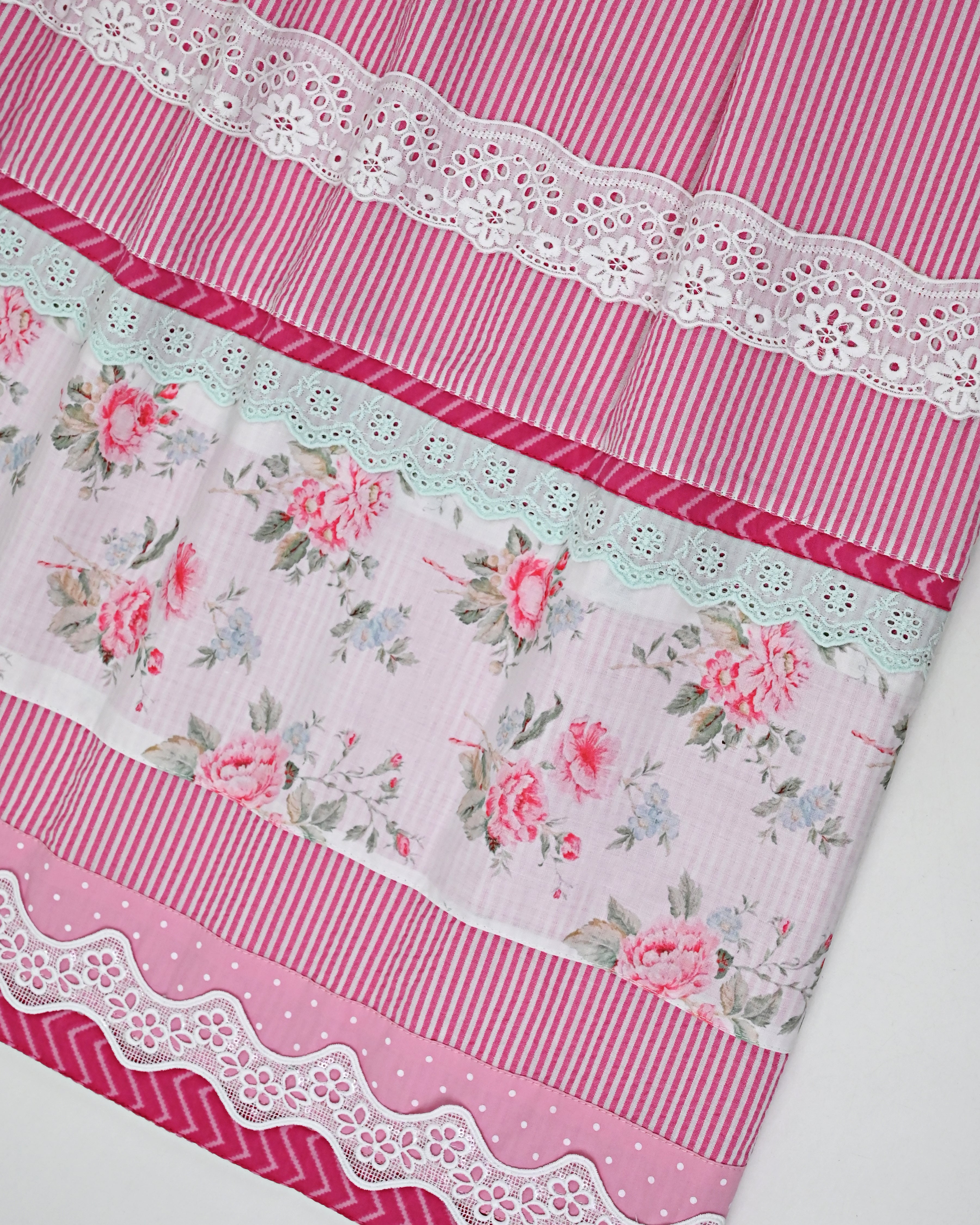 Candy Pink White Stripes Popcorn Rida With Floral Rose Panel & Smart Lace