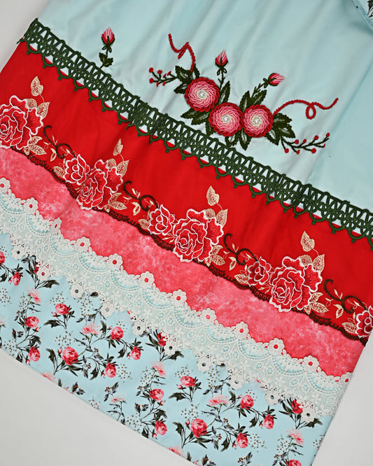 Sky Blue Rida With Smart Floral Panel Lace & Floral Work