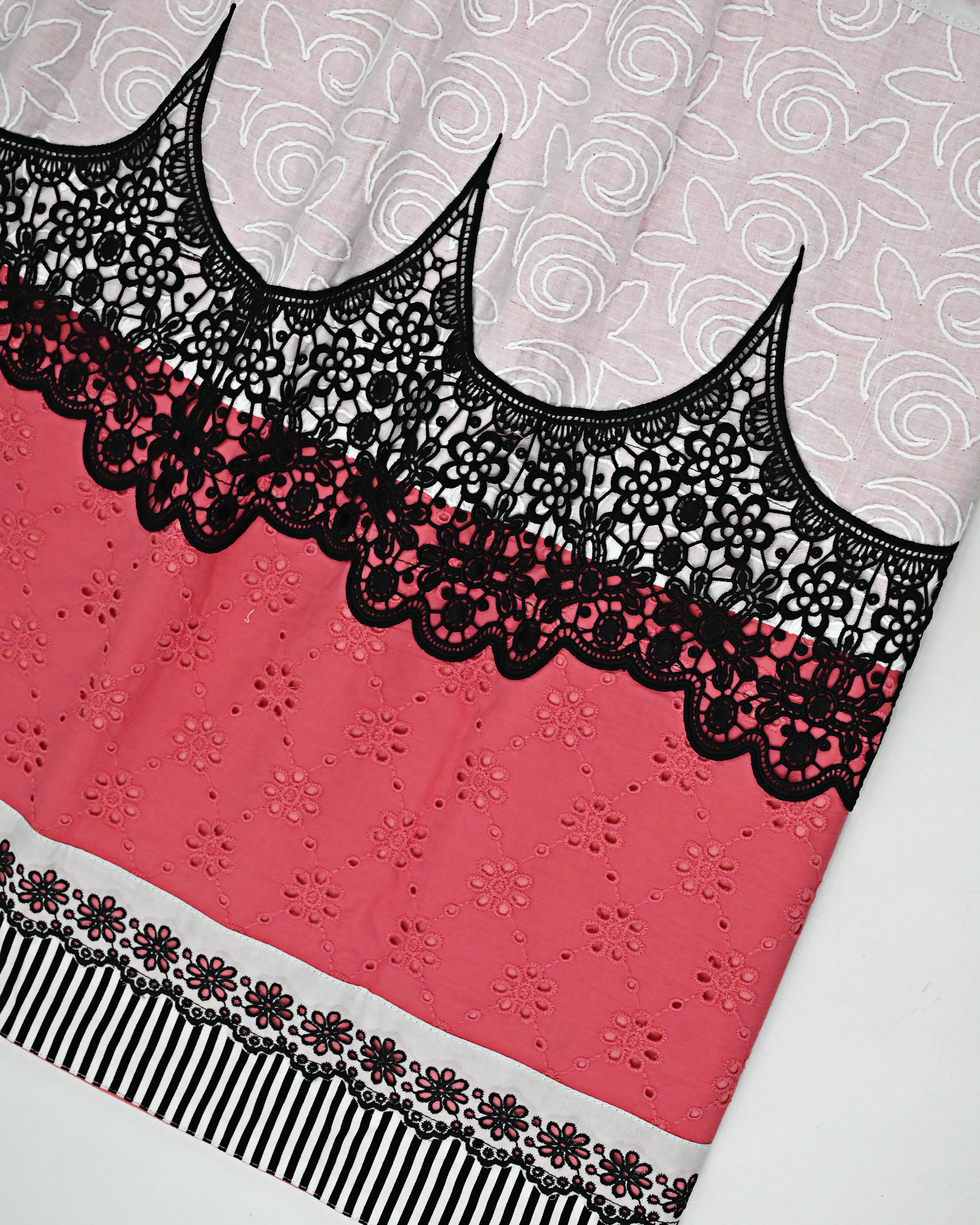 Coral Pink Rida With Smart Hakoba Panel Black Smart Lace & White Self Print Panel