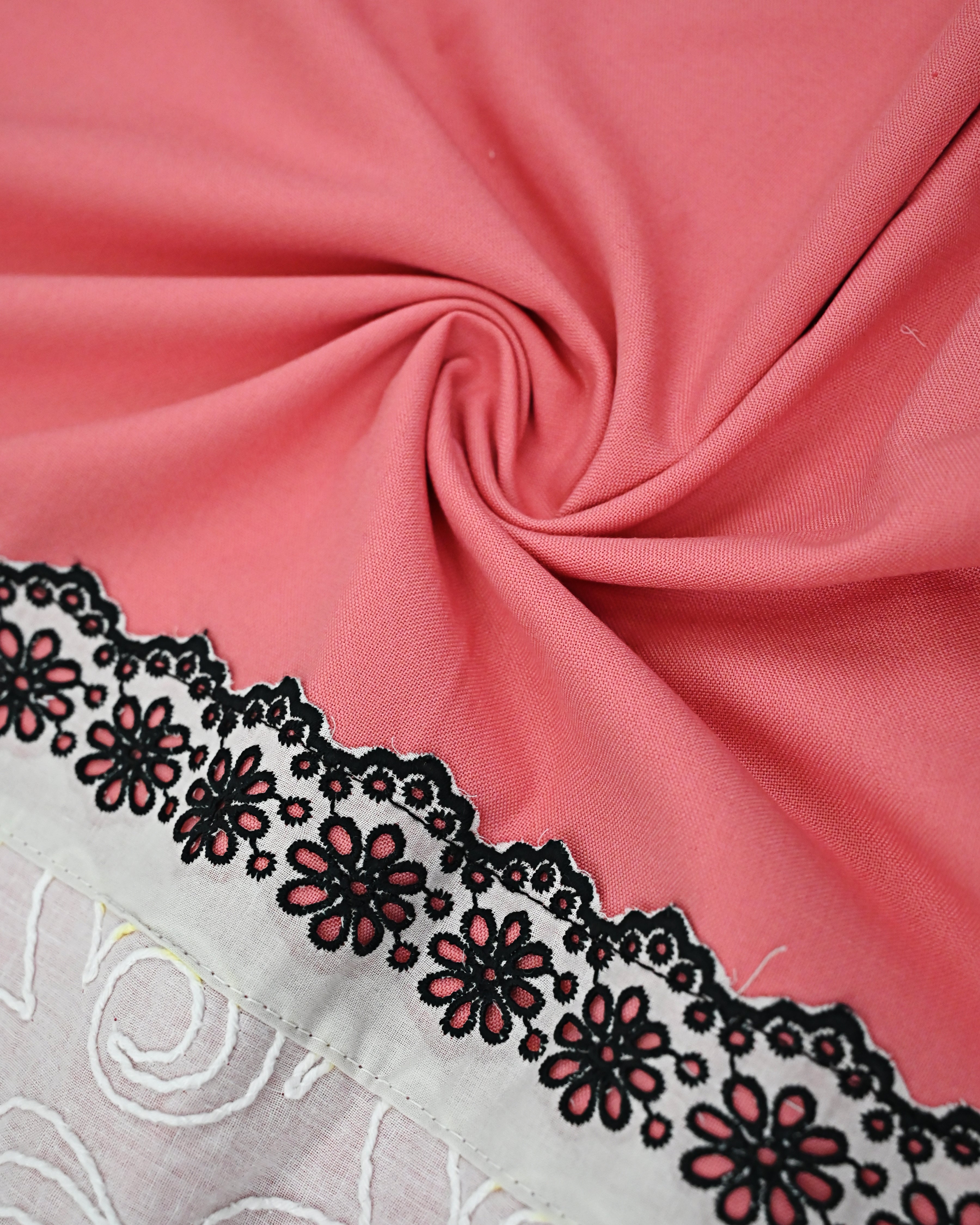 Coral Pink Rida With Smart Hakoba Panel Black Smart Lace & White Self Print Panel