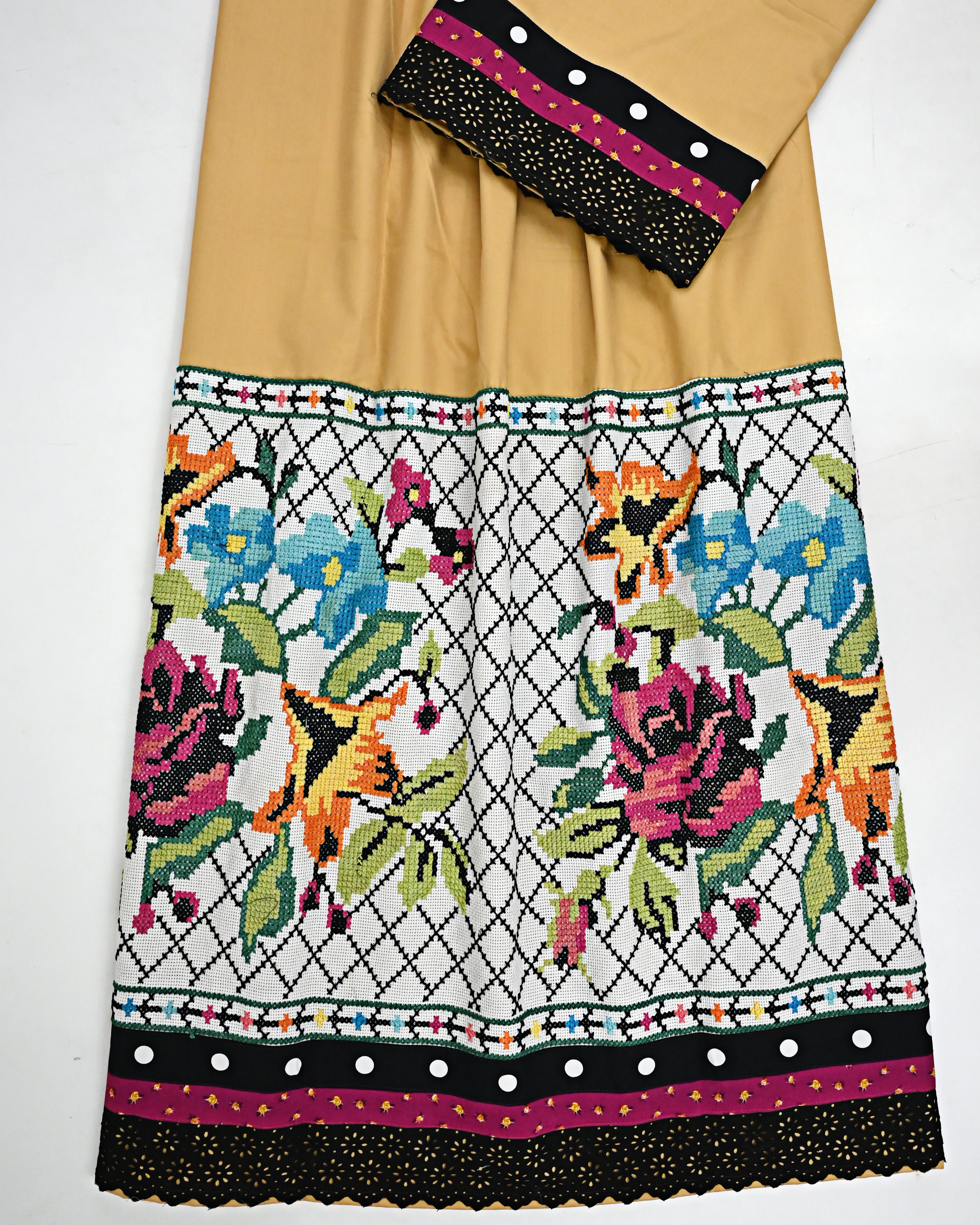 Camel Brown Rida With Smart Lace Panel & Floral Cross Stitch Belt