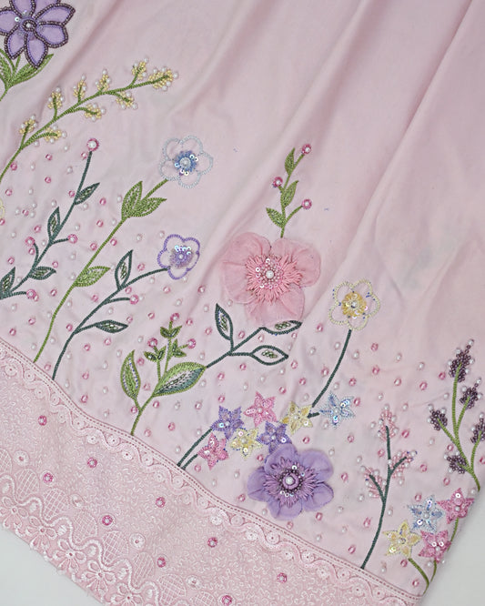 Baby Pink Rida With Heavy Floral Aari Work & Heavy Lace