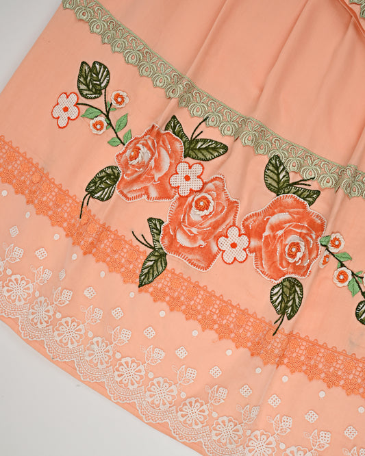 Peach Rida With Smart Lace & Orange Floral Work