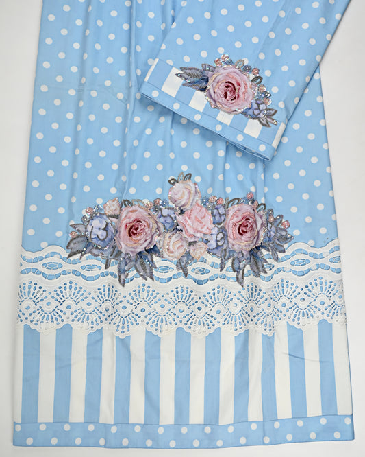 Light Blue Polka Dots Rida With Smart Lace Panel & Applique Bunch With Aari